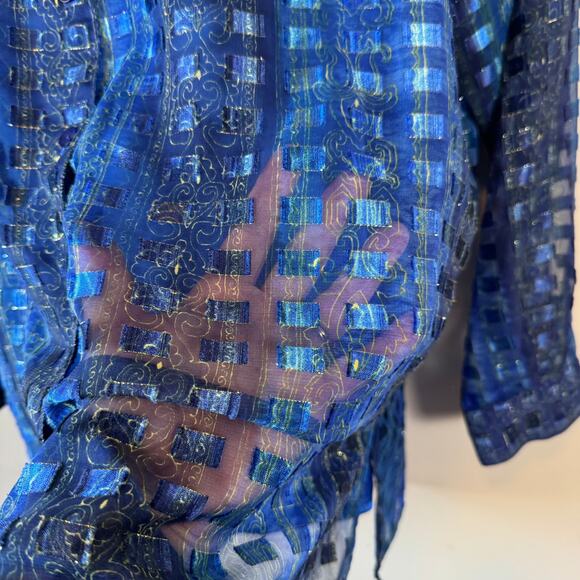 Vintage 90s Sheer Blue Metallic Check Plaid Button Up Blouse Shirt Top 1X - Picture 7 of 14